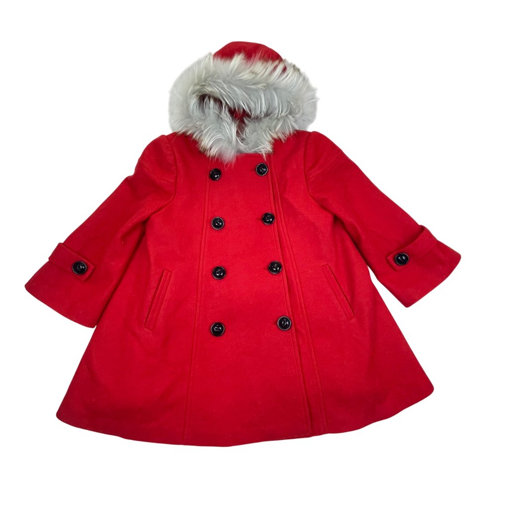 Fayuan Girls Red Double-Breasted Hooded Coat Real Fur Trim Jacket